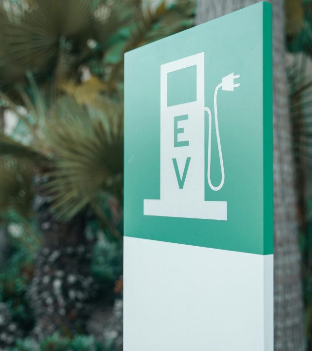 Close-up of a green and white electric vehicle charging station sign with nature background.